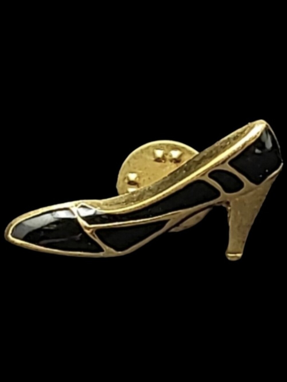 HIGH HEEL STILETTO BLACK ENAMEL & GOLD TONE VERY THIN LIGHT WEIGHT BROOC…